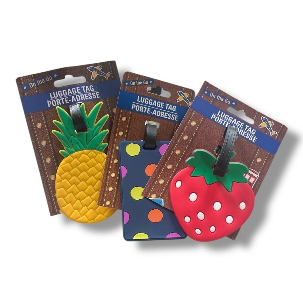 Lot of 3 Fun Pineapple/Strawberry Fruit & Polka dot Luggage ID Tags NWT
